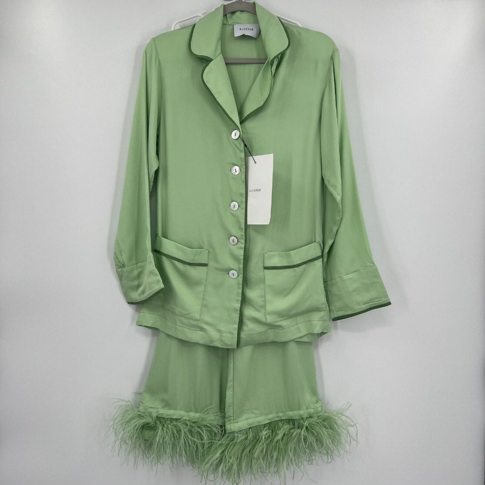 Sleeper Mint Green Pajama Party Set Ostrich Feather Pant/Button Up Shirt sz XL